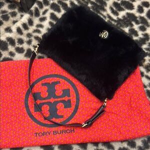 Tory Burch Black Rabbit Fur Shoulder Bag with Iconic Double-T Logo